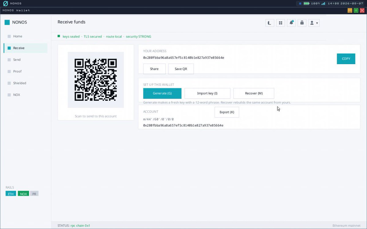 nonossystems's tweet photo. The first transaction out of NØNOS just settled on Ethereum mainnet. 

10,000 $NOX, ERC-20 transfer, EIP-1559. 

Signed inside the OS. The key never left the keyring capsule, the RLP and the signature were built in kernel and the only thing that crossed the network was the finished raw transaction.

An operating system that verifies instead of trusting, signing its own money.

https://t.co/zgSlHXZBtH