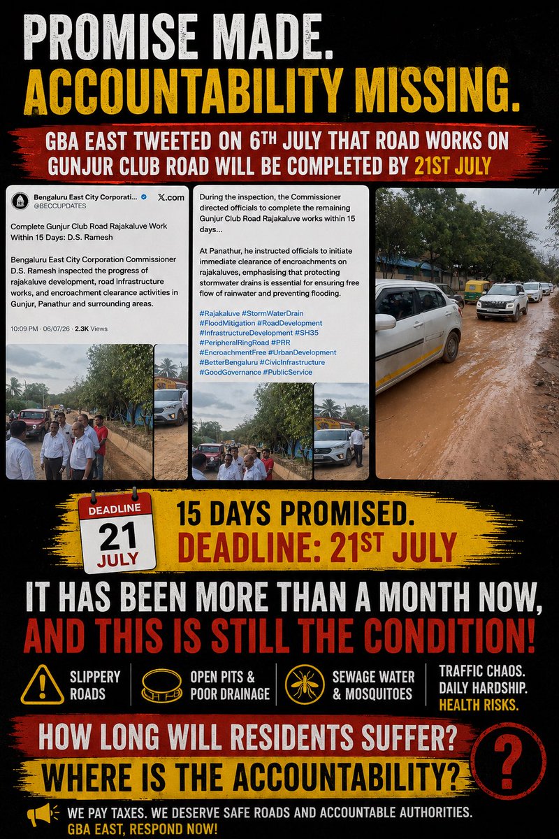 nav9217's tweet photo. Dear @BECCUPDATES , on 6 July you tweeted Gunjur Club Road work would be completed within 15 days (21 July). Over a month later, the road is still waterlogged, slippery and unsafe, with open pits and traffic chaos. How long will residents suffer? Where is the accountability? https://t.co/a6o7511Vgk