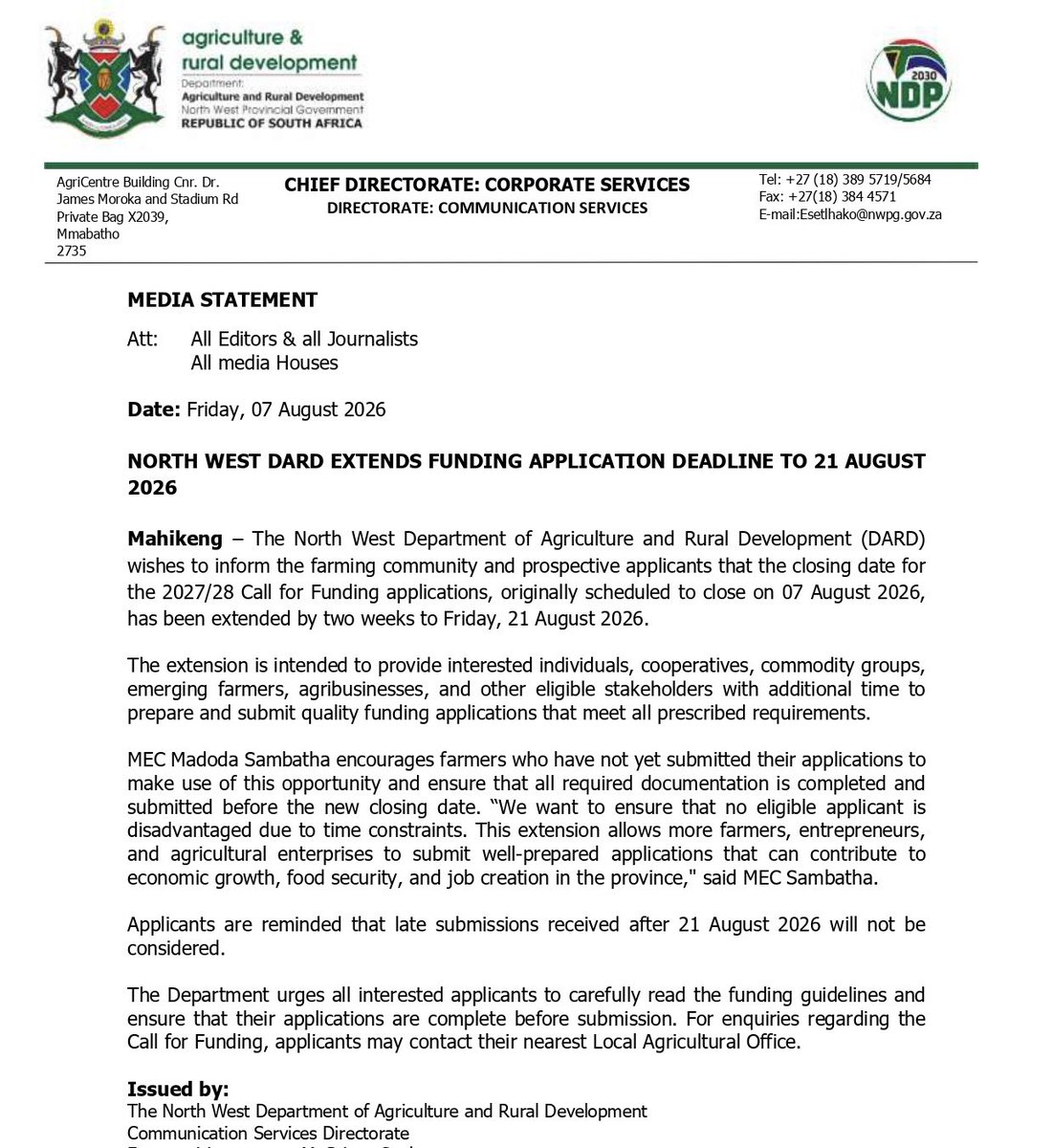 nwpg_dard's tweet photo. Call for Funding closing date extended to 21 AUGUST 2026 @DOAgov_ZA @DLRRD_za @NWPGOV @ARCSouthAfrica @NAMCsoeZA @foodformzansi @FarmersWeeklySA @foodformzansi @YOUFM898 @motswedingfm https://t.co/lk7yyoopjw