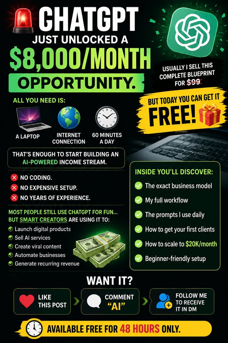 RumiEsha999's tweet photo. 🚨 Turn ChatGPT into an AI income stream.

💻 Laptop + 🌐 Internet + ⏰ 60 mins/day

No coding. No investment. No experience.

Learn to sell AI services, create digital products &amp; earn online.

❤️ Like • 💬 "AI" • ➕ Follow for the FREE guide (48h). https://t.co/jFfBy9xyt7
