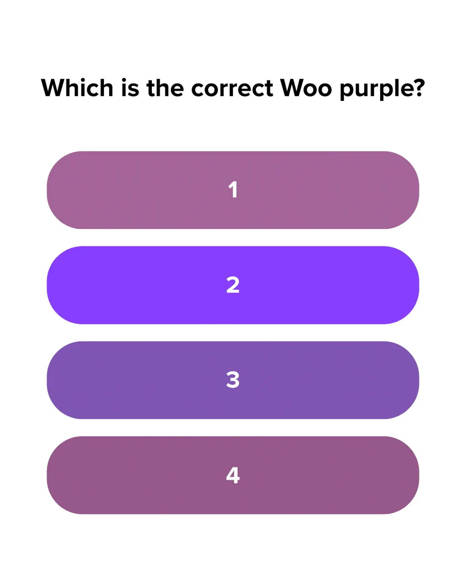 Text that reads, "Which is the correct Woo purple?" above four different shades of purple, numbered 1 through 4.