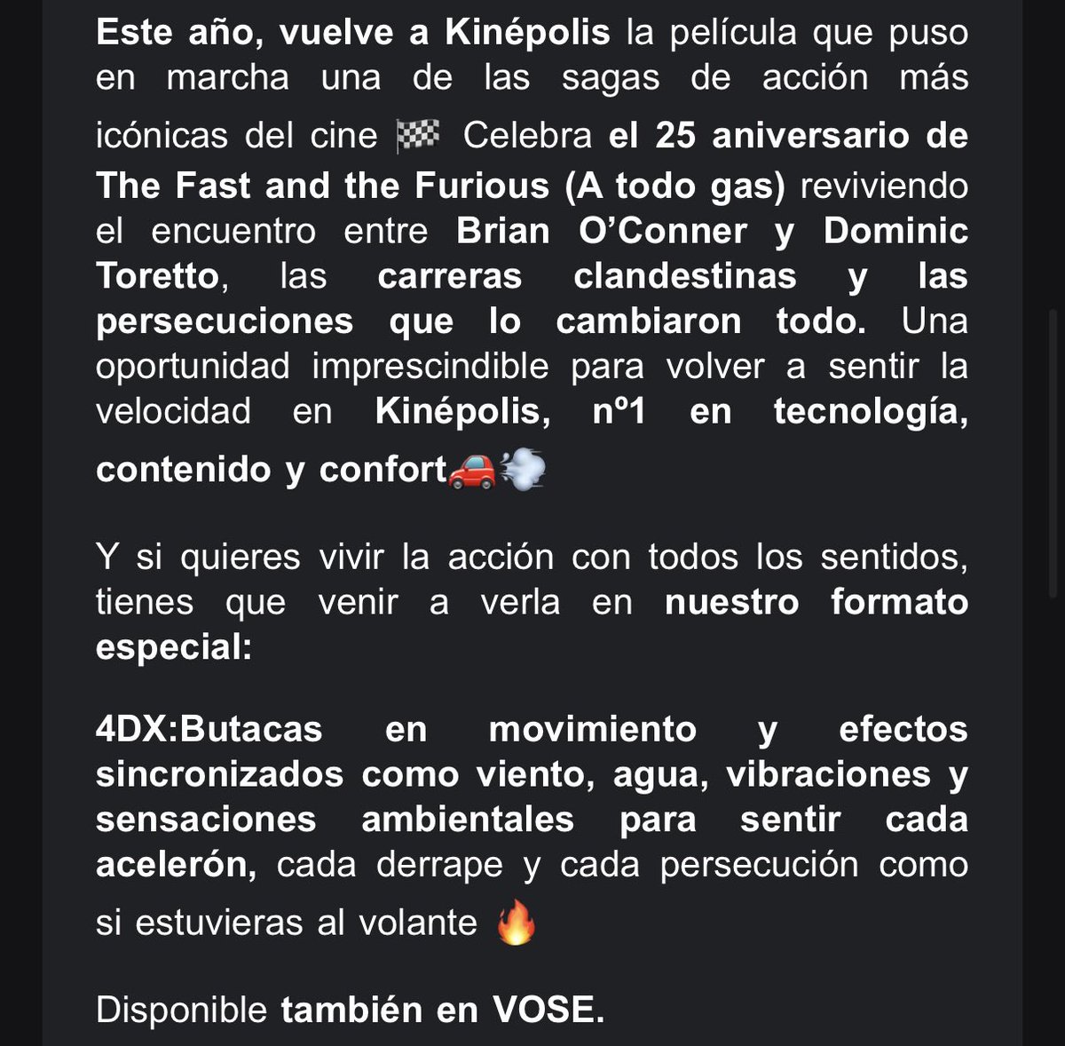AlphaPapaMike's tweet photo. Hola @Cines_Kinepolis para el 25 aniversario de A Todo Gas en vuestra web solo hay versión en español y habéis enviado un correo en el que ponía que también estaría disponible en VOSE. Saldrán a la venta más adelante? https://t.co/3NHkJgn7lv