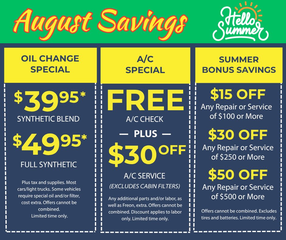 QualityPlusAuto's tweet photo. 🚗 August is the perfect time to take care of your vehicle before the busy fall season arrives! Save on the services your car needs this month.
😎 Our August specials include several great offers to choose from!
Limited-time offers—don't miss out! Schedule your appointment today! https://t.co/9DTFgviRWs