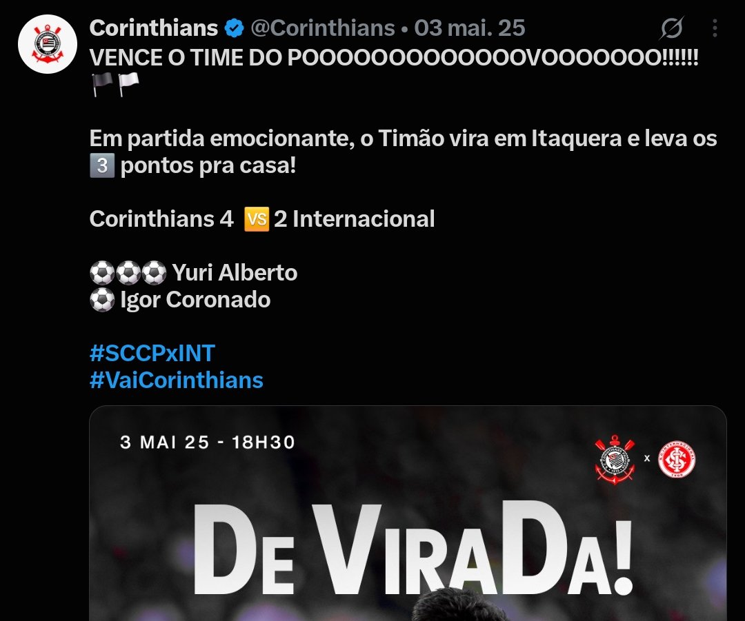 scikakaa's tweet photo. Ano passado o Corinthians conseguiu vencer o Inter em uma rodada qualquer de Brasileirão (depois de 5 anos sem vencer) e o perfil oficial ficou 3 dias carentando

Mas agora é rivalidade unilateral https://t.co/Ifx1Zjbq6L