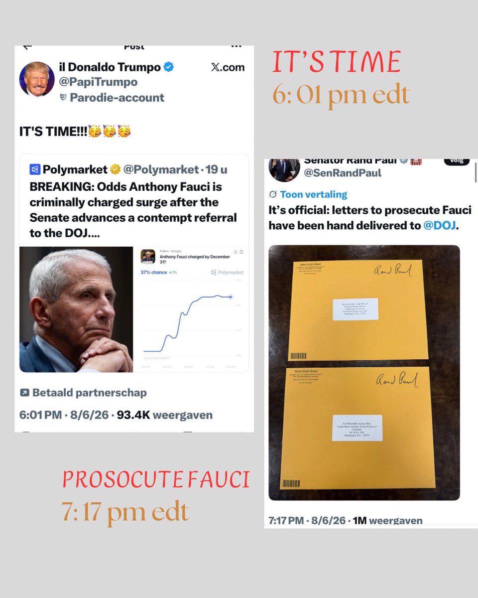 MarijkeANON's tweet photo. Is it time for 🍿 and ⚖️💀@PapiTrumpo?

💭
Fauci's prosecution envelopes make me think of ✉️ at G. Bush's funeral. —We have it all.

👀
@PapiTrumpo ⏱️
18:01 mil EST.  18-1=17 - Q 🐸
6:01 pm EST -> 6:1 -> 61 mirror = 16

- Q drop 16:
“Get the 🍿 popcorn, Friday 🤔 & Saturday 💥 8/8 💥 will deliver on the MAGA promise.

POTUS knows he must clean house (gov't) in order to 'free up' and demonstrate who has authority in order 💥 to pass important legislation. 💥 (Think Save America Act and Clarity Act?!) 💥

This was always the priority. Remember, AG Sessions cannot look like an impartial player that is out to get all former Obama team members as we need him for other important work.

All will come into focus and for anyone to think POTUS is not in control is kidding themselves. Also, he's 100% insulated with zero risk of impeachment (fact).”

👉15 post(s) found containing "6:01".

⏱️ 6:01 —> Q 2143 had 
Sep 10, 2018 6:01:35 PM EDT

⛈️ STORMS IN THE ATLANTIC…. 

⏱️ 6:01 —> Q 3041
Mar 12 ‘19 💥 6:01💥PM EDT

The unsealing of the first several indictments will bring about 'unity' and 'change' - 'change' that 'we' can believe in.
Returning 'POWER' to the PEOPLE.
Returning 'THE RULE OF LAW' to OUR LAND.
WE STAND TOGETHER.
WE STAND TOGETHER AS PATRIOTS. 
Q

⏱️ 6:01 —> Q 2504
Nov 29 ‘18 💥 6:01💥AM EST

A picture is worth many sentences. 
Has POTUS ever made a statement that hasn’t been proven to be correct (future)? 
Think timing.
Think Senate lock.
Think SC lock.
Locked & (who is) Loaded.💥👀
Q

👀
Polymarket’s 37% - looks like a comm for drop 37.

- Q drop 37:
“They are the true Patriots. We will never forget.

Let these coming days be remembered in our history as the time we fought to recapture the republic from those evil bad actors who for so long have sacrificed the good people of this land for their own personal gain.
Fight the good fight.

💥 LET JUSTICE BE SERVED💥”

👀 @SenRandPaul post with the prosecution envelopes has
⏱️ 7:17 —> 7:8 —> 7/8 mirror 8/7 💥 which is today’s date.

It’s also the date of VK’s backout comms from 2020, the year of the stolen elections by Fauci’s COVID-19 pandemic. (They could not lose again as they did in 2016).

Tomorrow is Saturday 8/8
- Q drop 88 starts with
Ten days.
Darkness. (BLACKOUT?)

- Q Drop 717 
Public: FBI/DOJ/O-WH/SD
Private: Clowns Clowns Clowns 
Expand your thinking.
Q
 
💭 clowns 🤡 = government puppets controlled by central banks. Think Epstein blackmail  system. Epstein worked for the Rothschilds. 

Mil | Mil  intel is controlled by POTUS and the only way to take down the Clowns 🤡 | deep state swamp. 

2 post(s) found containing "18:01".

- Q 3393
Jul 09 ‘19 ⏱️ 3:💥18:01 💥PM EDT
“GOLD STANDARD COMING BACK?
Q: Do we have the gold?
Yes: Gold shall destroy the FED.”
https://t.co/dl1WbFQTIv
Q