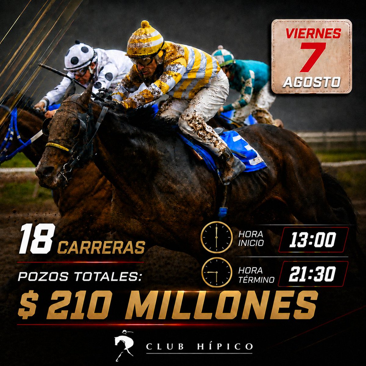 ClubHipico_Stgo's tweet photo. 🏇🏻😃 ¡PARTE EL FIN DE SEMANA EN EL CLUB HIPICO!

Desde las 13:00 horas viviremos una nueva jornada de carreras en Club, con 18 carreras hasta las 21:30 horas. ¡Los esperamos! https://t.co/vXK3R77LD5