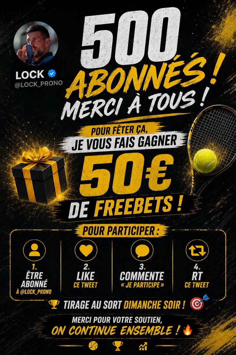 LOCK_PRONO's tweet photo. 🎉 500 ABONNÉS ! MERCI À TOUS ❤️

Pour fêter ça, je vous fais gagner 50€ DE FREEBETS ! 🎁💰

Pour participer :
✅ Être abonné
❤️ Like ce tweet
💬 Commente « JE PARTICIPE »
🔁 RT ce tweet

🍀 Bonne chance à tous !

Merci pour les 500, on continue de faire grandir le compte https://t.co/MOhUv6L7wh