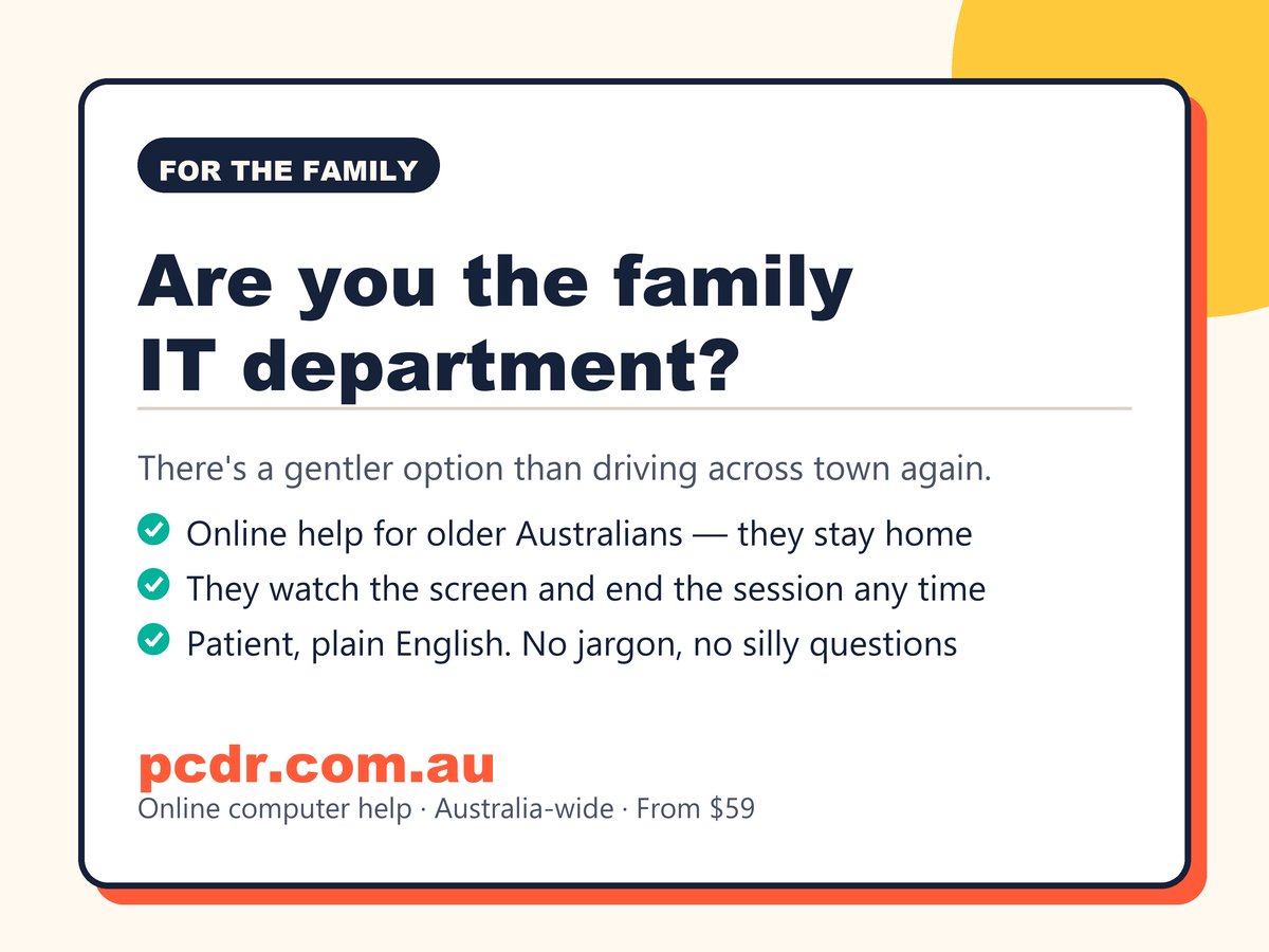 techtalk_au's tweet photo. Still fixing your parents' computer?

PC Doctor Online helps older Australians with slow PCs, printers, email and pop-ups — online, while they watch, and they can end the session any time. Patient, plain English. From $59. Australia-wide.

https://t.co/AB3C0XD46H #TechForSeniors https://t.co/tqTsjj09iB