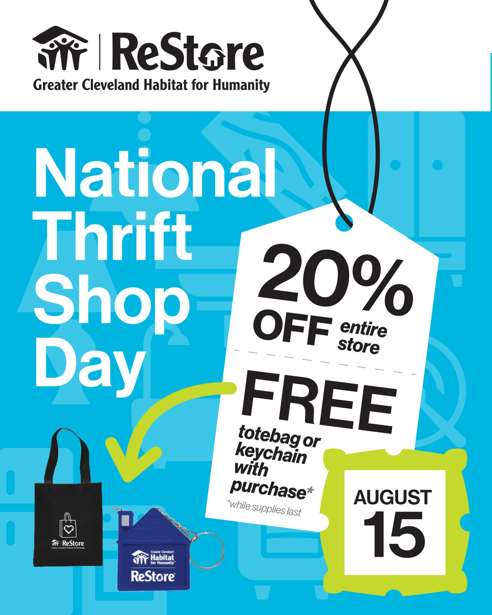 CLEHabitat's tweet photo. 🎉Celebrate National Thrift Shop Day at ReStore! 

Join us on Saturday, August 15th from 10:00 AM to 4:00 PM as we celebrate National Thrift Shop Day with a day full of savings, treats, and treasure hunting!

Whether you're a thrifting enthusiast, DIYer, bargain hunter, or first-time shopper, there's never been a better time to discover something special at ReStore. Find amazing deals on furniture, home décor, building materials, appliances, and more while supporting our mission to build stronger communities.

Visit our locations in Cleveland, Amherst and North Randall for 20% off the entire store, treats and a free gift with purchase!

https://t.co/UGTeQUynDR