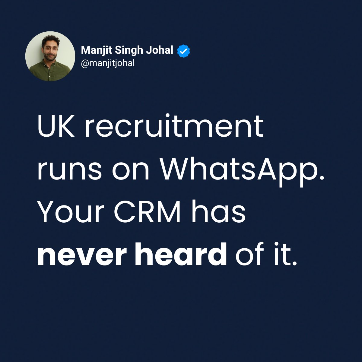 msjohal's tweet photo. UK recruitment runs on WhatsApp.
Your CRM has never heard of it.

A placement fell through last year over a go-ahead that lived and died in one group chat.

If your tool doesn't live where the conversation happens, it's not ignored, it's irrelevant. https://t.co/Pa5WZXO0Iq