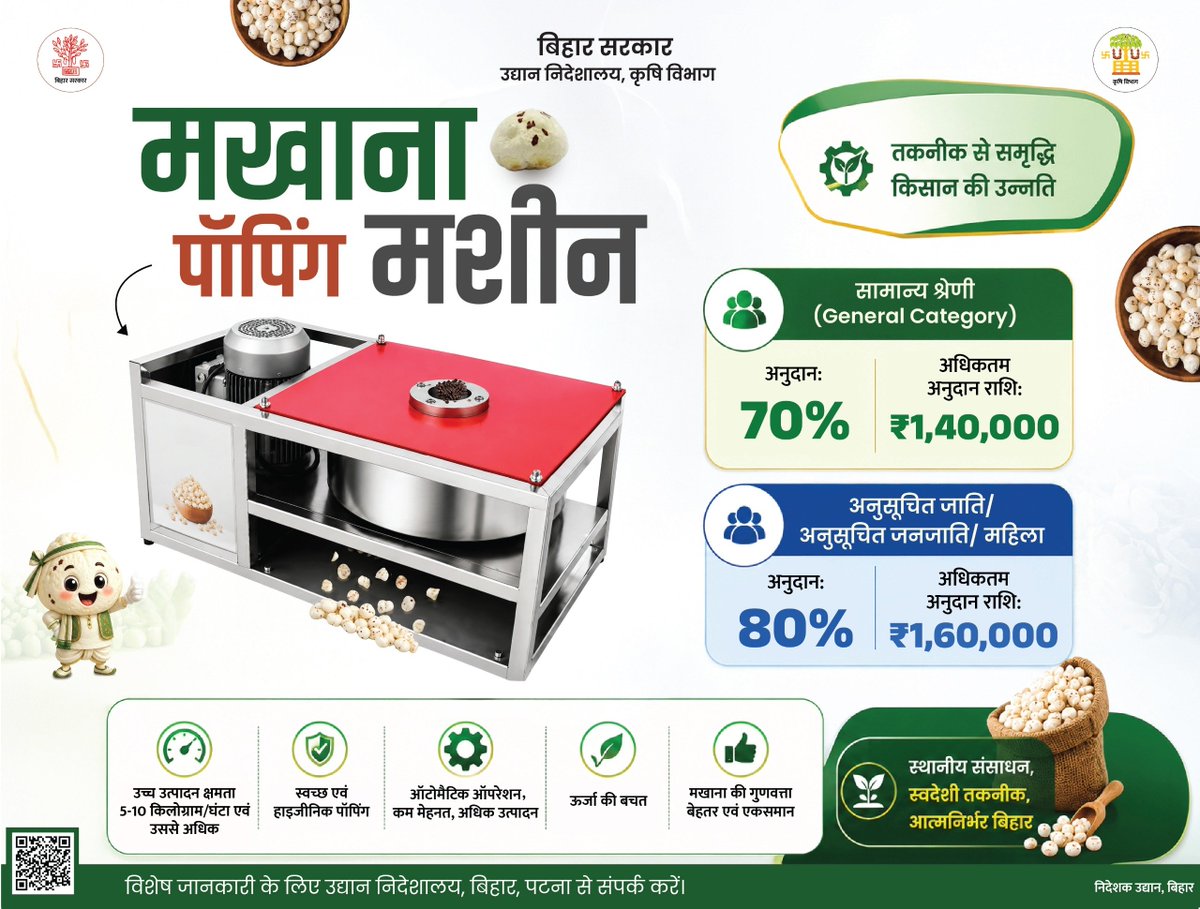 HorticultureBih's tweet photo. कम मेहनत, ज़्यादा उत्पादन—मखाना पॉपिंग मशीन के साथ! 
#makhana #horticulture #agriculture https://t.co/7F2FlWJxEv