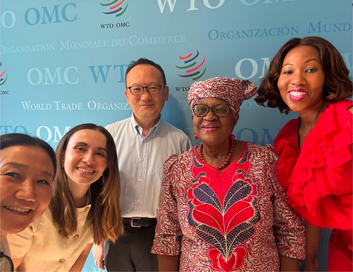 NOIweala's tweet photo. Saying goodbye to my wonderful Senior Adviser Ambassador Tomochika Uyama of Japan and his wife Keiko with colleagues from the DG’s office. Tomo, for 5.5 years you gave your best. Thank you for the expertise, experience, institutional memory after all those WTO negotiations, and the hard work. Will really miss you! Wishing you and Keiko the very best in your new assignment. Many thanks to @MofaJapan_jp  and the Government of Japan for loaning you to us! @JapanMissionGE