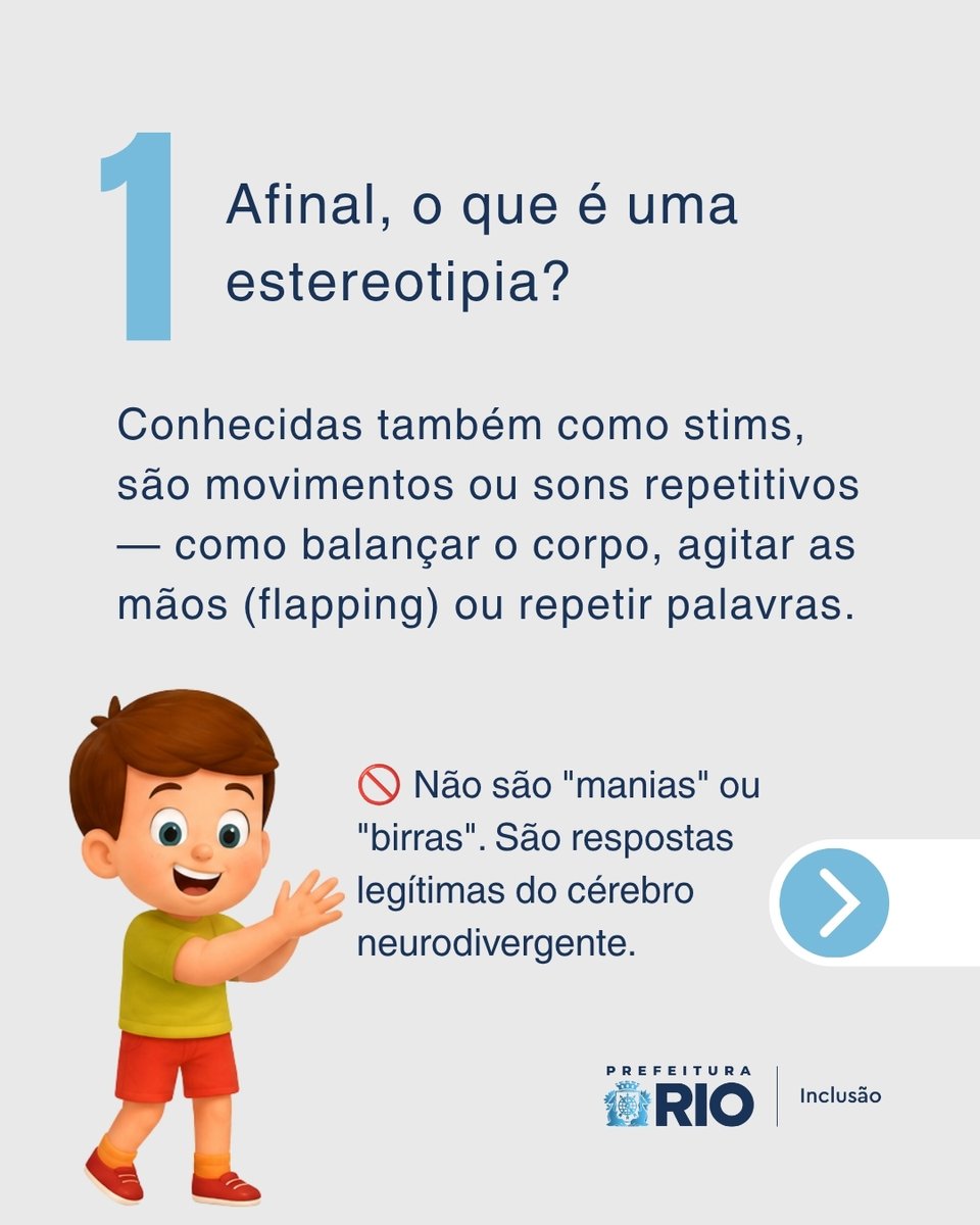 inclusaorio's tweet photo. O respeito começa pela informação! 🧠💙

Você já viu alguém no espectro autista fazendo movimentos repetitivos, como balançar as mãos ou o corpo? Esses comportamentos são chamados de estereotipias (ou stims) e têm um papel fundamental para a pessoa autista. https://t.co/iFyyA5x6EV