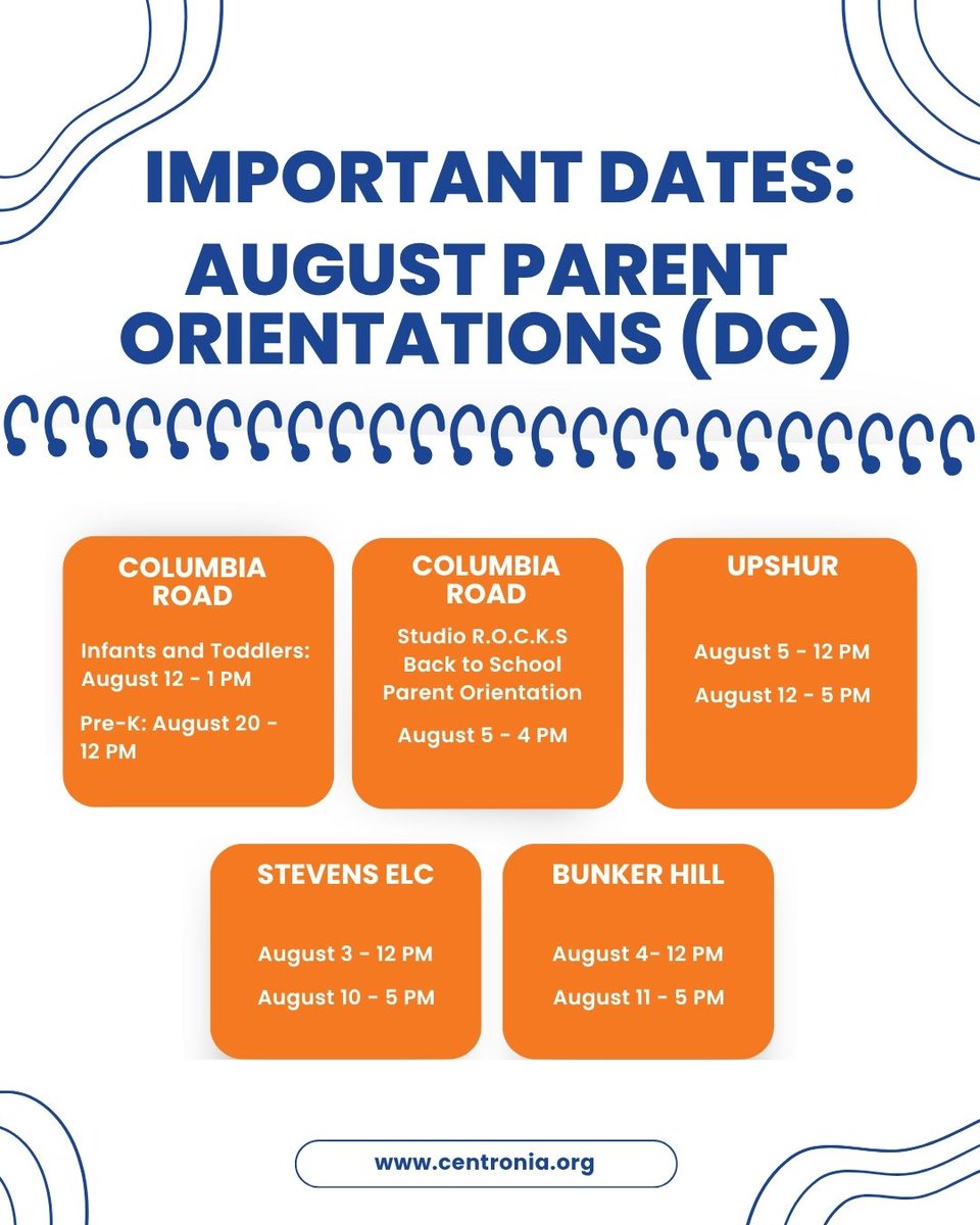 CentroNia's tweet photo. CentroNía Parents 📢 Don't forget about parent orientations!

This week we started our parent orientation sessions before the start of the new school year. Please read below for important dates.

#centronia #newschoolyear #childcare #earlychildhoodeducation #parentorientations https://t.co/Er6VepvaG3