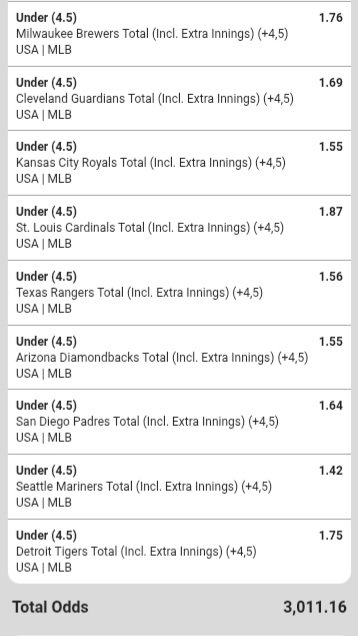 Given19911's tweet photo. Baseball under 4.5 team totals 
🔸️BW67391544🔸️

Baseball under 9.5 totals 
🔸️BW67393313🔸️

Baseball runs by either team 
🔸️BW67394CFE🔸️

Team with highest scoring inning 
🔸️BW6739910F🔸️ https://t.co/12QJE0zgc5
