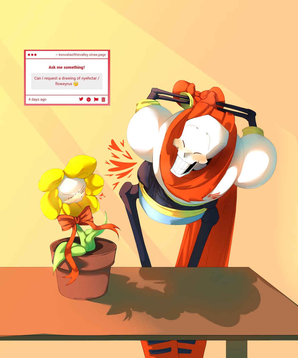 konvalia6's tweet photo. A little nyehctar/floweyrus request from my strawpage! https://t.co/wkQBWwBrWZ
#papyrus #flowey #undertale https://t.co/YEDKMMRIuQ