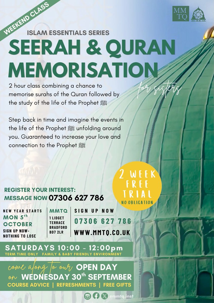 MMTQ_inst's tweet photo. *MMTQ Courses for Sisters*
Whether you want a comprehensive study course or a casual Islamic studies module, we have a course to suit you.

Register now on https://t.co/scAj9ktFfS or message your details to 07306627786 https://t.co/xMLY3wpW0r
