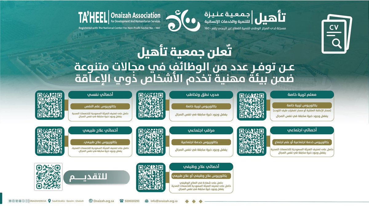 SW_Knowledge's tweet photo. 🚨تعلن جمعية تأهيل عن وظائف:

1️⃣اخصائي اجتماعي
2️⃣مراقب اجتماعي
3️⃣ اخصائي نفسي

🔹تقديم خدمات متكاملة لذوي الإعاقة
🔹توعية الأسر والمجتمع باحتياجاتهم
🔹تطوير جودة الخدمات والتوسع فيها
🔹تمكينهم وتعزيز اندماجهم بالمجتمع
🔹تقديم (متاح من خلالنا)⬇️
#خدمة_اجتماعية #علم_اجتماع #علم_نفس https://t.co/FERxZJCHhC