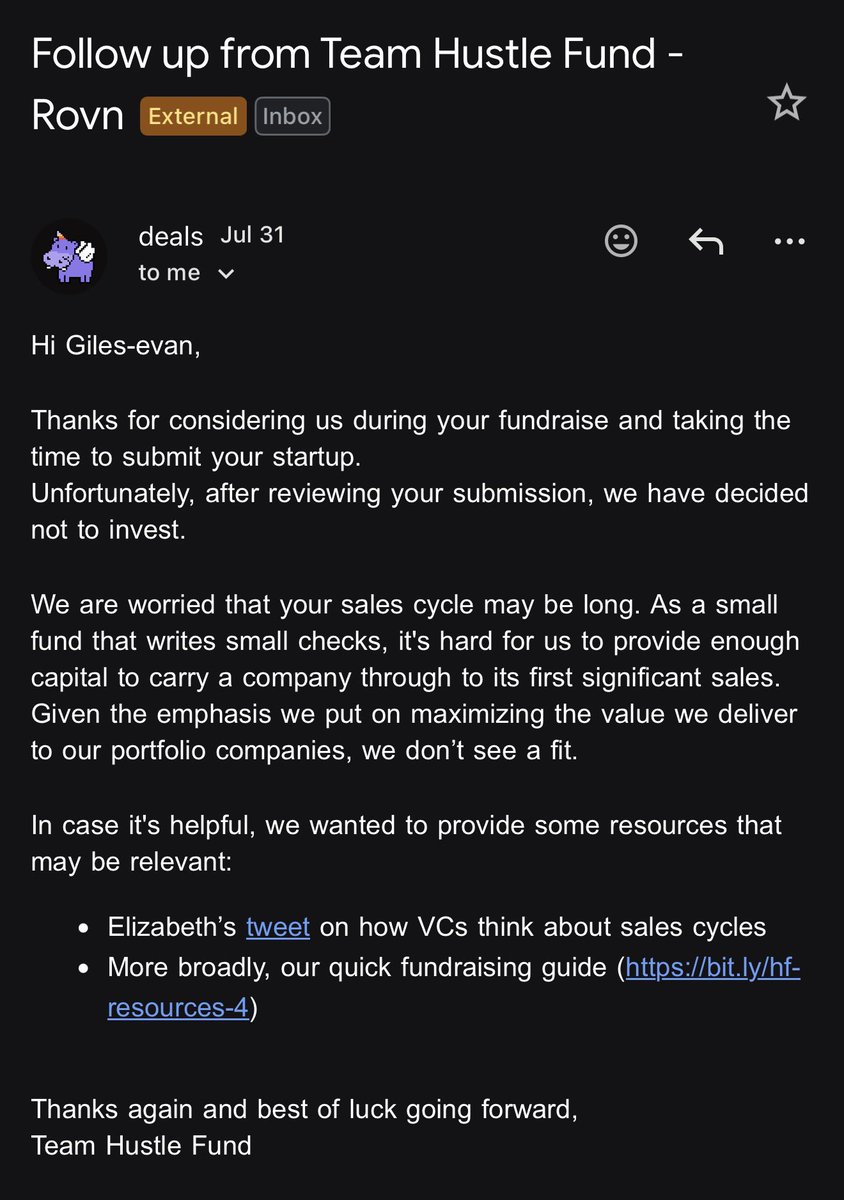 gilesmboumi's tweet photo. Got two VC rejections this week.

One says the incumbents are too strong. The other says the sales cycle is too long.

In 2008, Airbnb got 7 emails just like these.

I’m keeping mine in the same folder.

Back to building Rōvn. https://t.co/8UEtOGRV8v