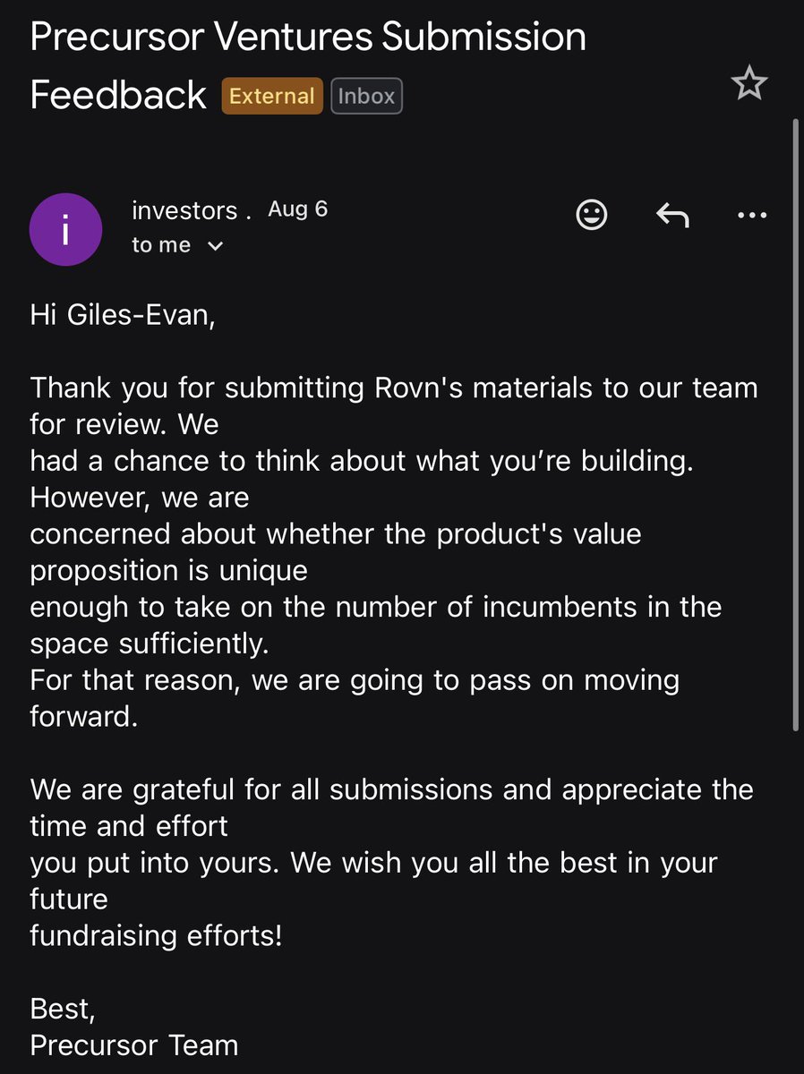 gilesmboumi's tweet photo. Got two VC rejections this week.

One says the incumbents are too strong. The other says the sales cycle is too long.

In 2008, Airbnb got 7 emails just like these.

I’m keeping mine in the same folder.

Back to building Rōvn. https://t.co/8UEtOGRV8v