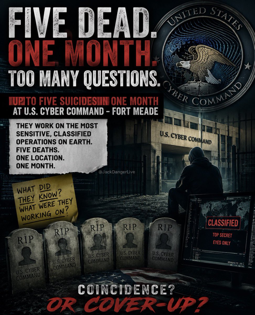 JackDangerLIVE's tweet photo. 🚨 WHAT THE HELL IS HAPPENING AT U.S. CYBER COMMAND?

Reports say at least FIVE personnel died by suicide within roughly ONE MONTH at Fort Meade.

These aren’t random people. Cyber Command personnel can work around some of the most sensitive, classified operations on Earth.

Five deaths. One location. One month.

Maybe there’s an innocent explanation.

But if you’re a conspiracy theorist, you’re asking the obvious question:

What did they know, or what were they working on? 👀

This story deserves WAY more attention.