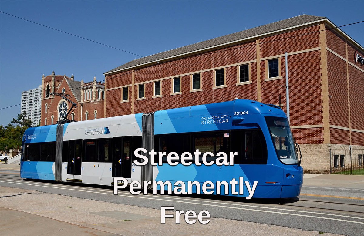 OKCTalk's tweet photo. As of today, Friday August 7th, the OKC Streetcar is permanently free to ride.

This morning, the Central Oklahoma Transportation and Parking Authority (COTPA) voted to remove any and all charges from the streetcar system, effective immediately.

COTPA ran a free fare pilot program for the streetcar from January 5th until July 5th and then extended it for another 45 days.  During the course of this test, the streetcar saw an average 74% increase in ridership.  Based on this, the oversight board voted today to establish a permanent zero fare service.

The OKC Streetcar is a 4.8-mile service paid for by the MAPS 3 initiative.  Service commenced in December of 2018.