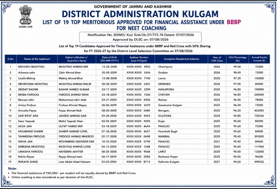 DioKulgam's tweet photo. 🎓 Empowering dreams,enabling future doctors

District Administration Kulgam selects 19 meritorious girl students for ₹40,000 financial assistance each towards #NEET preparation.

#BBBP #RedCross

Congratulations to all
@OfficeOfLGJandK @CM_JnK @diprjk @Shahzad_2702 @DcKulgam https://t.co/q4LuKPtW3X