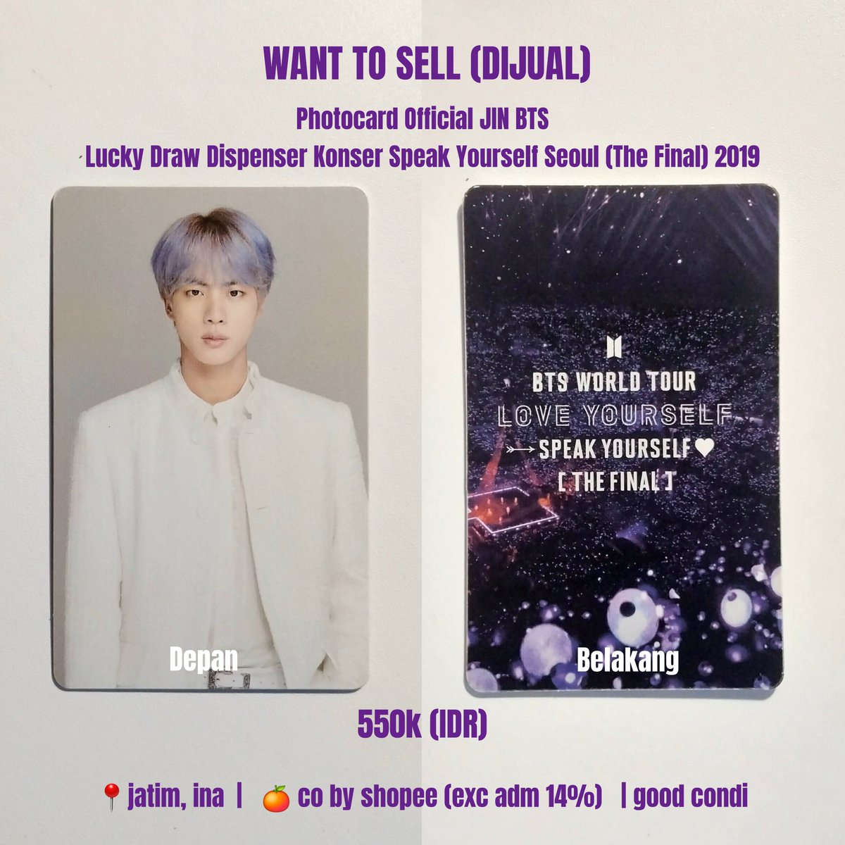 marchsunset7's tweet photo. HELP RT PLEASE 🙏🏼💜✨️
WANT TO SELL
Photocard Official Jin BTS Lucky Draw Dispenser SYS Seoul The Final Tour 2019

💵550k (nego tipis)
✅️good condi
✅️inc packing
❌️ exc adm 🍊 14%
📍jatim, ina
ww buyer must have ina address
tags wts bts ina jin bts pc official kim seokjin https://t.co/zul9ZBhkq7