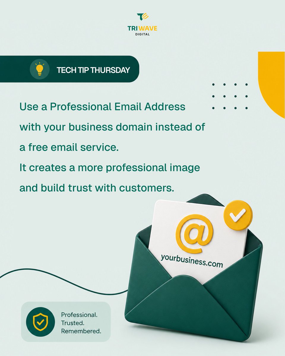 Triwave_digital's tweet photo. Small details make a big difference. A professional email address shows customers that your business is credible and trustworthy.
#Triwave #TriwaveDigital #TechTipThursday #BusinessTips #ProfessionalBranding https://t.co/XgCJfOyzms
