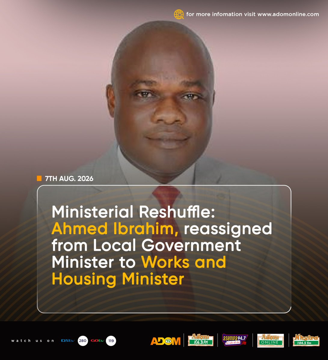 adom_tv's tweet photo. Ministerial Reshuffle: Ahmed Ibrahim, reassigned from Local Government Minister to Works and Housing Minister

#AdomNews https://t.co/d7VSbzzPXz