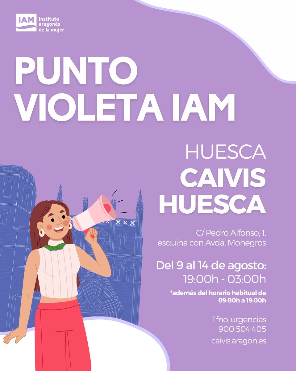 IA_Mujer's tweet photo. 🟣 ¡¡PUNTO VIOLETA IAM HUESCA!!

CAIVIS HUESCA
📍 C/ Pedro Alfonso, 1 con Avda. Monegros
📆 9-14 de agosto
⏰ 19:00h-03:00h
*Además del horario habitual de 09:00h a 19:00h

#IAMContigo #IAM #SanLorenzo #Huesca https://t.co/ylB97EUqaf