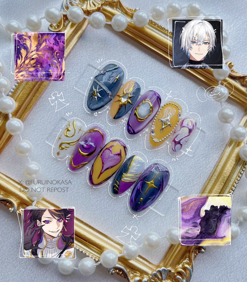 furuinokasa's tweet photo. #ShuYamino #KaelixDebonair inspired nails 💜💛 i wish i could show how sparkly the gems and chromes are on this set but i loved making this concept come to life! 10/10 combo (^з^)-☆ https://t.co/8SIv5l2xCj