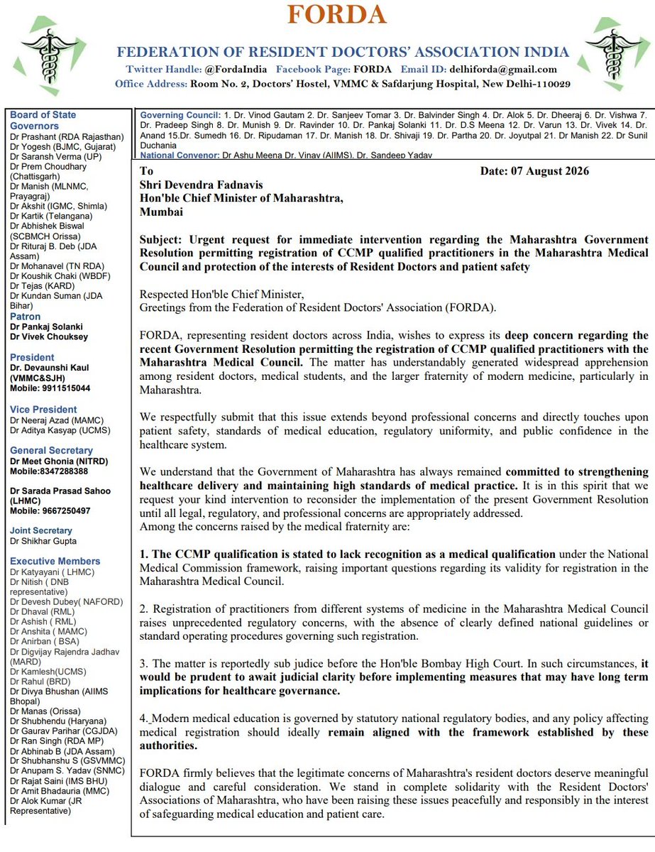 FordaIndia's tweet photo. FORDA has written to @CMOMaharashtra urging immediate intervention regarding GR permitting registration of CCMP qualified practitioners in MMC.

FORDA stands firmly with Doctors of Maharashtra and seeks constructive dialogue regarding this matter.

@ANI @PTI_News @ians_india https://t.co/t7QJ2xtNer