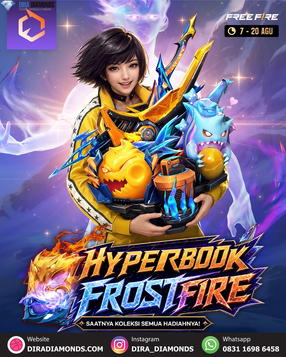 DickyIniBOSS's tweet photo. ❄️🔥 HYPERBOOK FROSTFIRE KEMBALI DARI 2023!

Koleksi legendaris rilis lagi! Amankan AWM, Katana, Emote, Skywing, hingga Gloo Wall edisi es &amp; api! 💥

🗓️ Periode: 7 - 20 Agustus 2026

#FreeFire #HyperbookFrostfire #FFIndo #DiraDiamonds https://t.co/HMJNmo28jY
