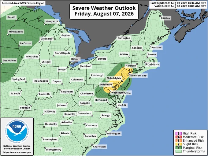 NWS SPC categorical severe weather outlook map centered on the Eastern United States.

Category 2 / Slight Risk (Yellow area): Mid-Atlantic into Southern New England, including Washington, D.C., Baltimore, Philadelphia, New York City, and Hartford.

Category 1 / Marginal Risk (Dark Green area): Surrounds the Slight Risk zone from the Mid-Atlantic to Southern New England, with another region covering parts of the Upper Midwest.

General Thunderstorms (Light Green area): Covers nearly the entire eastern U.S. south of the Great Lakes and Maine.