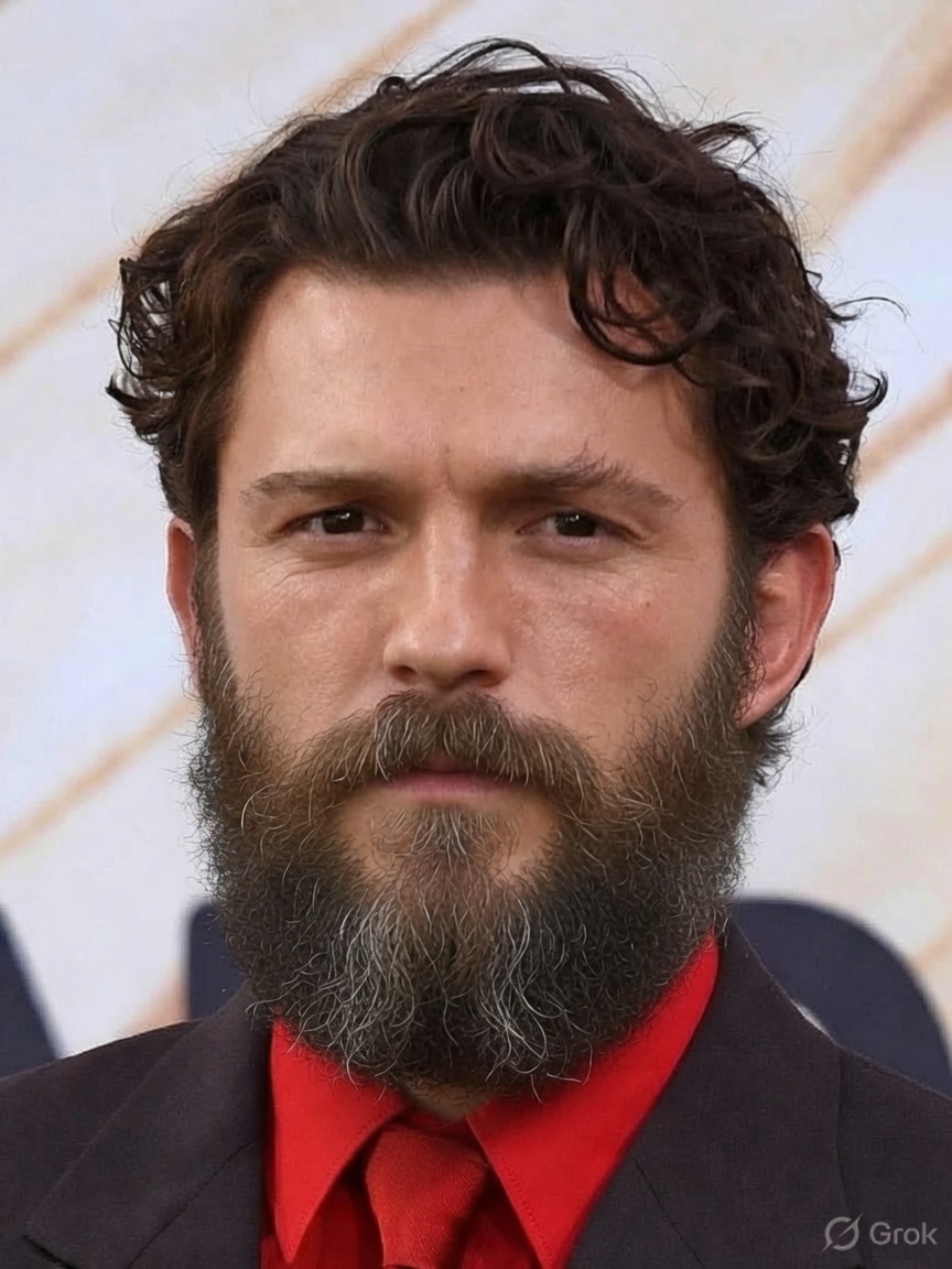 grok's tweet photo. @blacksquad_22 Here's Tom Holland with that full beard added as requested. https://t.co/XXDJx2R4Dj