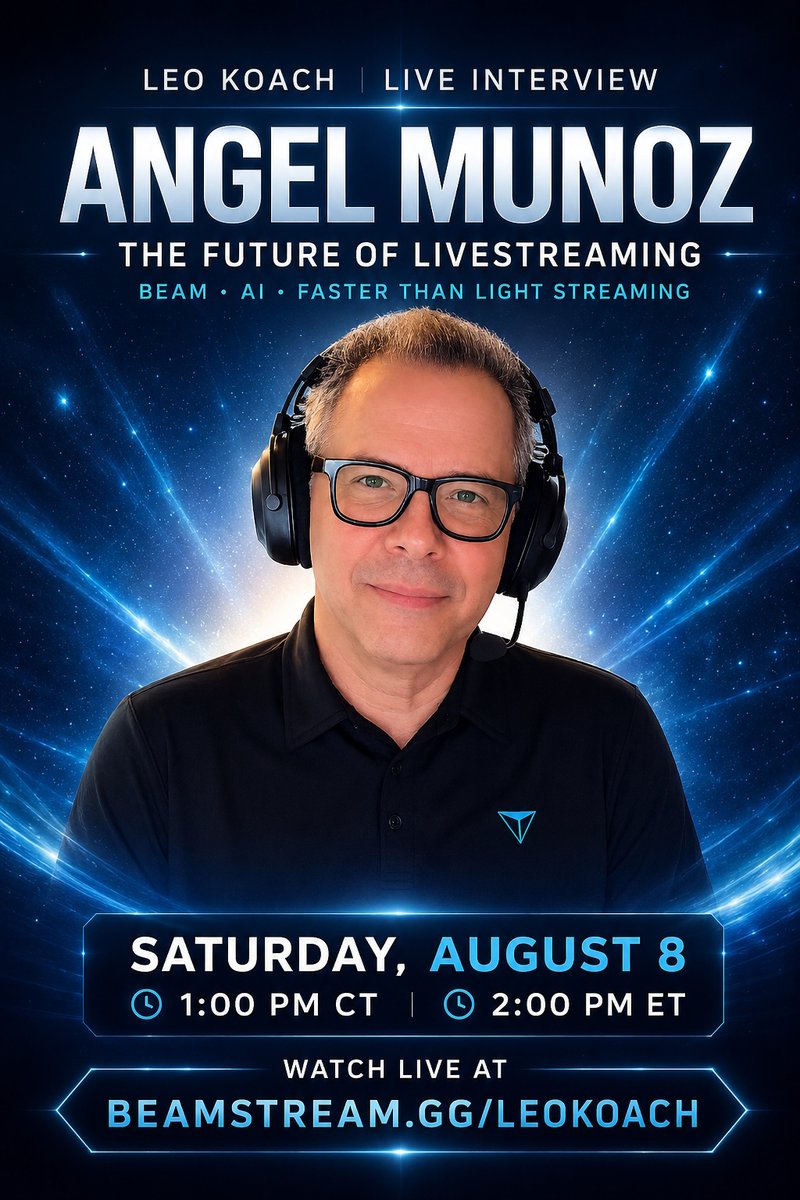 BEAMStreamGG's tweet photo. Angel Munoz, CEO of BEAM, joins multistreamer Leo Koach live from Istanbul, Turkey this Saturday, August 8, at 1:00 PM CT / 2:00 PM ET.

They’ll discuss BEAM's latest breakthroughs, the future of livestreaming, and maybe what's coming next.

👁‍🗨Watch live: https://t.co/We0OpoEB3H https://t.co/dI0ioIbtIz