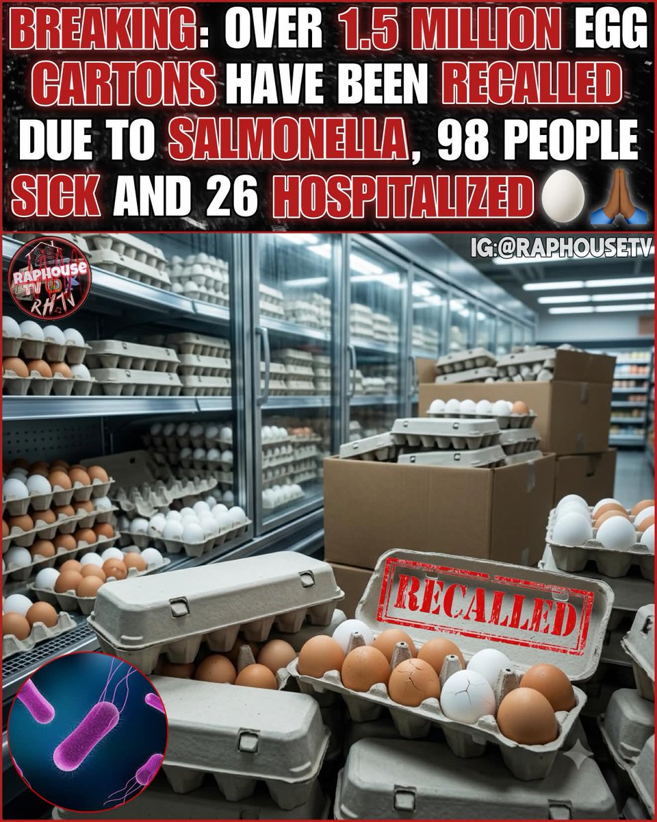 raphousetv2's tweet photo. BREAKING : Over 1.5 Million Egg Cartons Have Been Recalled Due To Salmonella, 98 People Sick And 26 Hospitalized. https://t.co/NCFB4cZ4IN