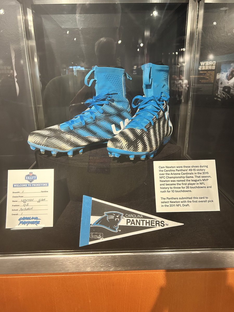 scott_fowler's tweet photo. Cam Newton isn’t eligible for the Hall of Fame until 2027, but he’s already represented with this exhibit in Canton. https://t.co/n6vg6zxgpt