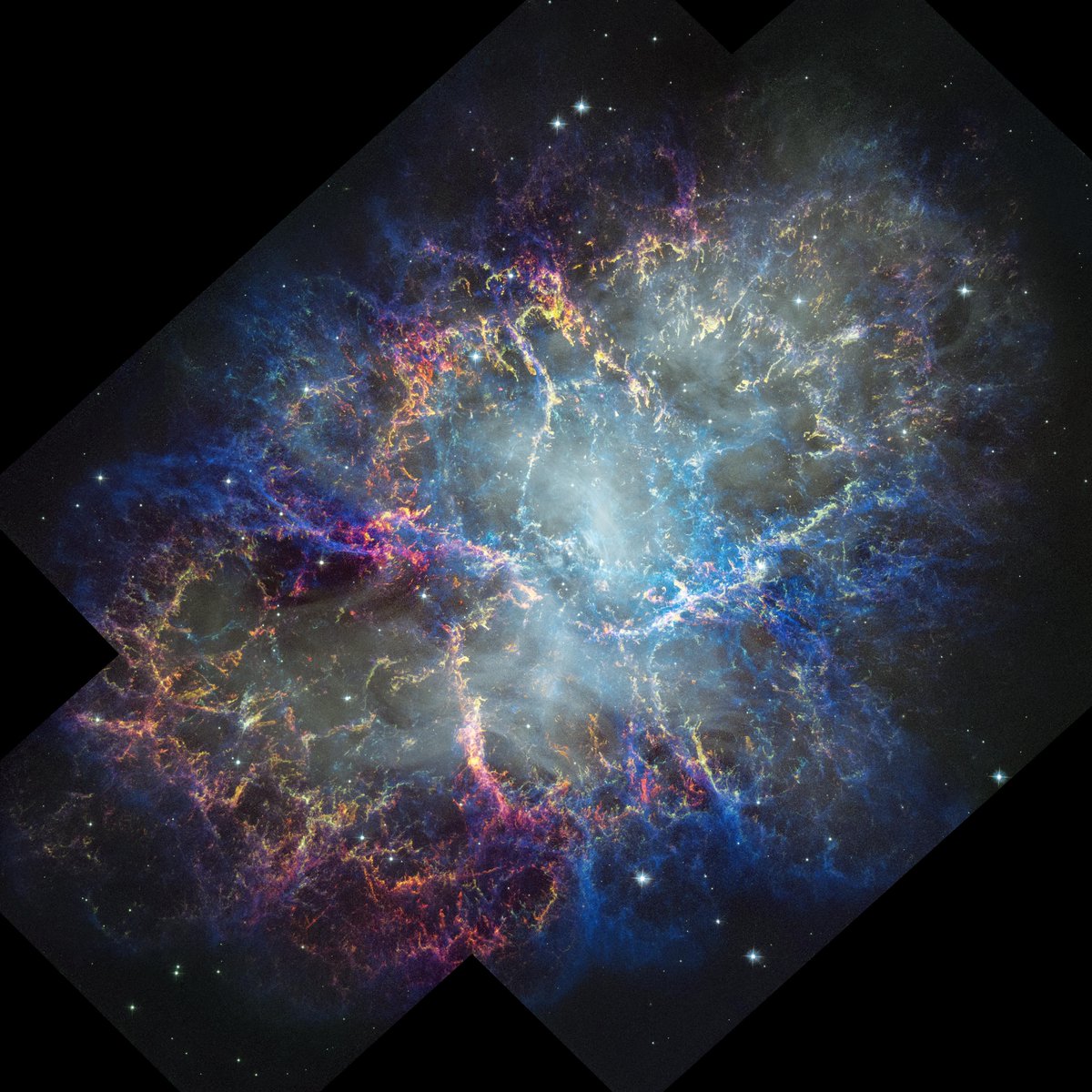 NASAHubble's tweet photo. A cosmic "lighthouse" calls the center of the Crab Nebula home.

Known as a pulsar, this rapidly spinning neutron star sends off beams of radiation that sweep through space.

Learn more for Lighthouse Day: https://t.co/tocxALE6nh https://t.co/pidNDkf9MH