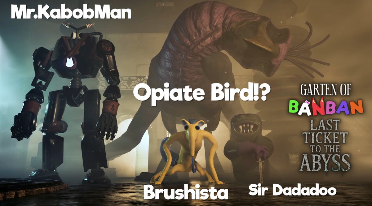 BanbanTimes_555's tweet photo. Toward the end of the teaser trailer, Brushista, Sir Dadadoo, Mr. KabobMan, and the super-evolved version of Opila Bird all come together! 🤩

Could this be a team put together for a specific purpose? 👥

#GartenofBanban #GartenofBanban9 https://t.co/EN5BlaufiX