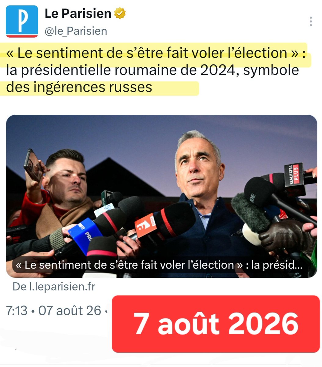 f_asselineau's tweet photo. ⚠️𝗟𝗘 𝗣𝗔𝗥𝗜𝗦𝗜𝗘𝗡 𝗖𝗢𝗡𝗙𝗜𝗥𝗠𝗘 𝗟𝗘 𝗕𝗨𝗧
𝗗𝗘 𝗟'𝗢𝗣𝗘𝗥𝗔𝗧𝗜𝗢𝗡 «𝗜𝗡𝗚𝗘𝗥𝗘𝗡𝗖𝗘𝗦 𝗥𝗨𝗦𝗦𝗘𝗦»
Toute la presse financée par nos impôts reprend en boucle le narratif des «ingérences russes menaçant notre démocratie».
Mais Le Parisien va plus loin : il ressort ce vieux bobard des «ingérences russes» qui auraient propulsé, le 24 novembre 2024, le leader roumain anti-🇪🇺 et anti-OTAN Georgescu au 2e tour de l’élection présidentielle en Roumanie.

Comme ose l'écrire Le Parisien de ce 7 août 2026, ces «ingérences russes» auraient «volé l'élection» au peuple roumain !

C'est le contraire exact qui est vrai.

L'Union européenne n'admettant pas que Georgescu puisse être élu, et les États-Unis non plus, cette histoire d'«ingérences russes» fut une falsification.

Dès le surlendemain du 1er tour, le 26 novembre 2024, la Commission🇪🇺 ouvrit une enquête sur des soupçons... «d'utilisation inappropriée de TikTok afin de promouvoir la candidature de Georgescu». Sic.

Comme si les candidats pro-🇪🇺 utilisaient TikTok «de façon appropriée» mais que les candidats anti-🇪🇺 l'utilisaient, eux, «de façon inappropriée» !

Toute cette affaire fut ultra-médiatisée afin de faire pression sur la Cour constitutionnelle pour qu'elle annule l’élection, ce qu'elle fit dès le 6 décembre, au vu de quelques pseudo-"preuves" ridicules où la Russie n'apparaissait d'ailleurs même pas.

On a appris depuis lors que, si «ingérence étrangère» il y avait eu, elle ne venait pas de Russie mais bel et bien de l'UE.

Parlant imprudemment sur BFM-RMC le 9 janvier 2025, l'ancien Commissaire🇪🇺 Thierry Breton s'est laissé aller à avouer que, si Elon Musk continuait à soutenir l'AfD en Allemagne, il faudra que l'UE intervienne : «𝙊𝙣 𝙡'𝙖 𝙛𝙖𝙞𝙩 𝙚𝙣 𝙍𝙤𝙪𝙢𝙖𝙣𝙞𝙚 𝙚𝙩 𝙞𝙡 𝙛𝙖𝙪𝙙𝙧𝙖 𝙚́𝙫𝙞𝙙𝙚𝙢𝙢𝙚𝙣𝙩 𝙡𝙚 𝙛𝙖𝙞𝙧𝙚 𝙨𝙞 𝙘'𝙚𝙨𝙩 𝙣𝙚́𝙘𝙚𝙨𝙨𝙖𝙞𝙧𝙚 𝙚𝙣 𝘼𝙡𝙡𝙚𝙢𝙖𝙜𝙣𝙚».

Malgré les dénégations ampoulées des pseudo "fact-checkers" appelés ensuite à la rescousse pour tenter d'expliquer qu'on n'avait pas bien compris ce que Breton avait voulu dire, le monde entier jugea que l'on avait au contraire fort bien compris ce qui n'était d'ailleurs qu'un secret de Polichinelle.

---------------
CONCLUSION
---------------
Le message du Parisien est à la fois très clair, très glaçant et tout-à-fait insupportable.

Il laisse entendre que l'oligarchie se donne d'ores et déjà les moyens, en dénonçant des «ingérences russes» imaginaires, de pouvoir faire annuler l'élection présidentielle de 2027, au 1er comme au second tour, si d'aventure les résultats ne lui convenaient pas.

Il suffirait en effet d'invoquer le précédent roumain pour invalider le scrutin et poursuivre en justice le candidat indésirable que les Français auraient eu l'audace de choisir.

Les mois qui viennent vont être critiques pour la survie de notre démocratie, et la survie même de la France.

Soit une majorité de Français vont lâchement se soumettre.

Soit une lame de fond va se lever dans le pays pour briser la tenaille mortelle dans laquelle les euro-fascistes veulent écraser toute résistance.

_______