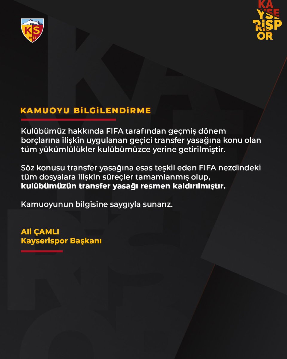 demarkesports's tweet photo. Kayserispor, transfer yasağının kaldırıldığını açıkladı. https://t.co/r9g0xSxgjW