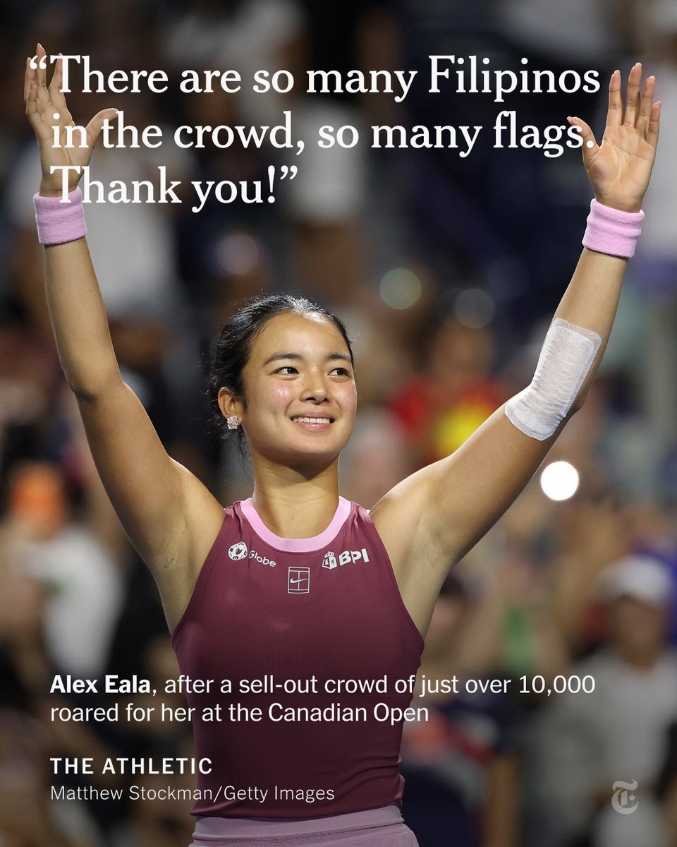 nytimes's tweet photo. From @TheAthletic: Alex Eala, 21, has been making history for the Philippines since she was a junior. She is changing tennis culture in real time. Many Filipino fans attending the Canadian Open hadn’t been to a tennis tournament before. https://t.co/cWvpxFlOmS https://t.co/WUcw1RBYRc