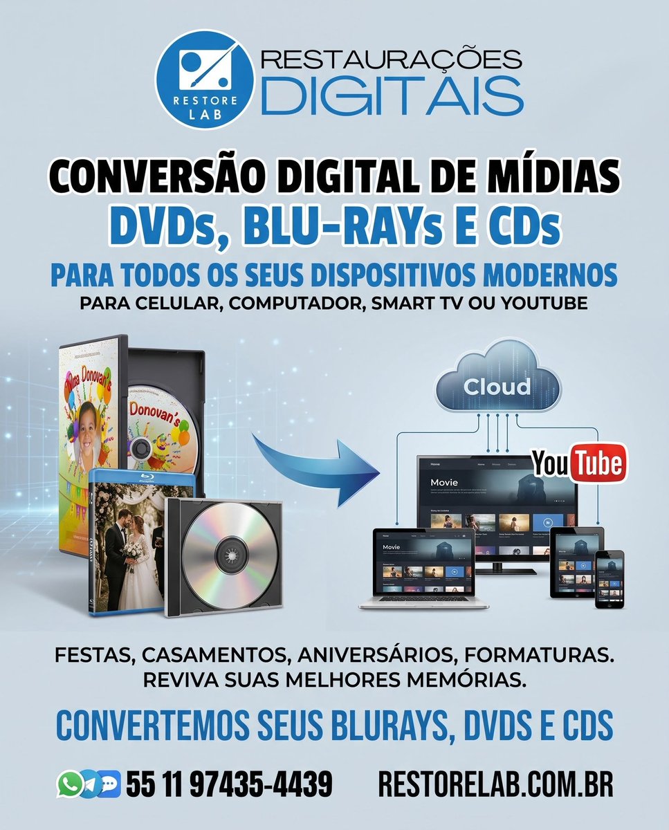 restorelab's tweet photo. CONVERSÃO DIGITAL DE MIDIAS

Festas, casamentos, batizados, formaturas, gravadas em imagens em CD, DVD ou mesmo BLU-RAY podem ser convertidas e compartilhadas em redes sociais, Youtube e até mesmo em sua Smart TV.

Informações:
Whatsapp: (11) 97435-4439
https://t.co/dlb4GpruAb https://t.co/NfrACqBev6