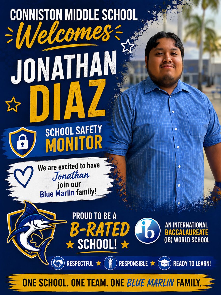 ConnistonMiddle's tweet photo. Please join us in welcoming Jonathan Diaz, our new School Safety Monitor, to CMS!
We’re excited to have Jonathan join our team &amp; look forward to the positive impact he’ll make in helping keep our campus safe.
@jamesthomas3601 @kgwhetsell @JavierOrtolaza @FRiveraPBC @derwingatlin1 https://t.co/fZBxaHf1mF