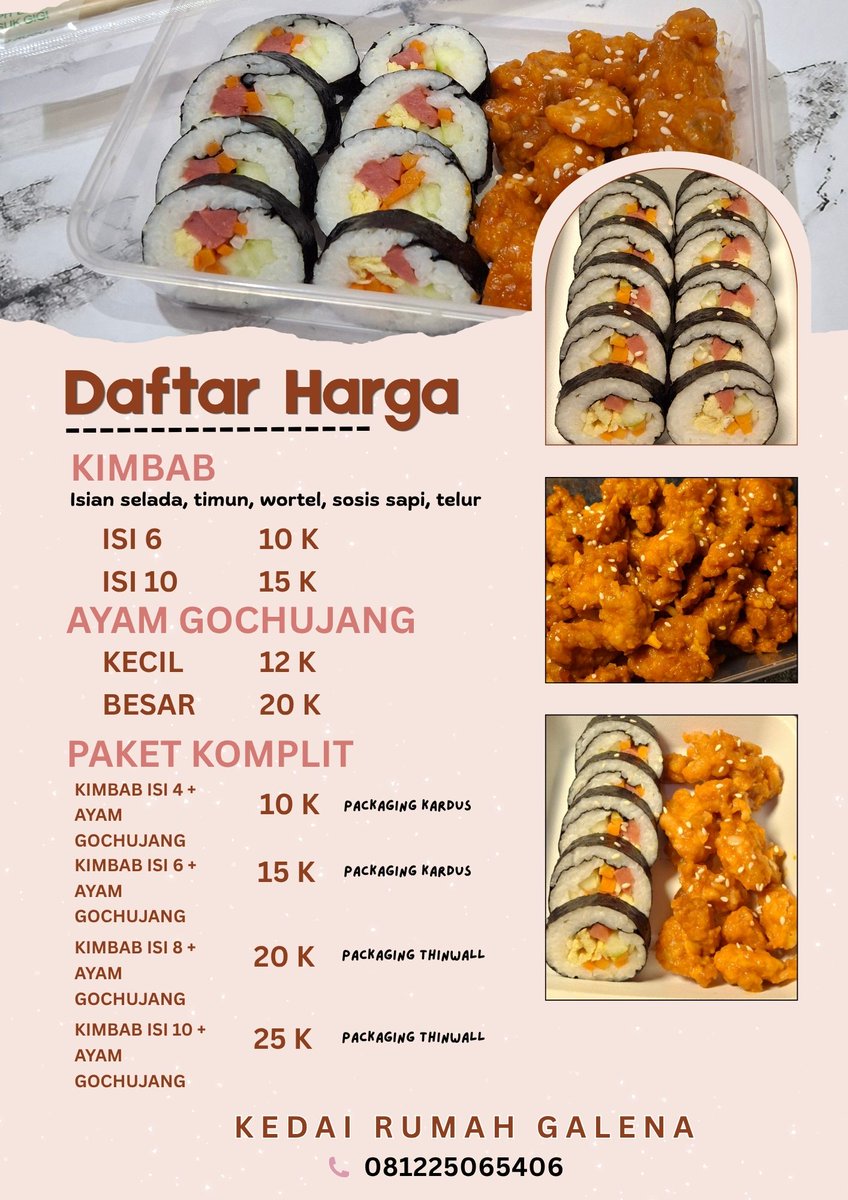 vaniapradiptta's tweet photo. 🍙 KIMBAB SPECIAL di Solo 🍙
Perpaduan nasi pulen dengan isian lengkap:
🥕 Wortel
🥒 Timun
🌭 Sosis sapi
🍳 Telur dadar
🍗 Ayam gochujang yang gurih, pedas &amp; nikmat

WA : 081225065406
Grab :  https://t.co/4f0O5alhoT
Shopeefood : 
https://t.co/EMSZOBrWKc

#Kimbabsolo #jajanmurah https://t.co/PKg2Xqkc8b