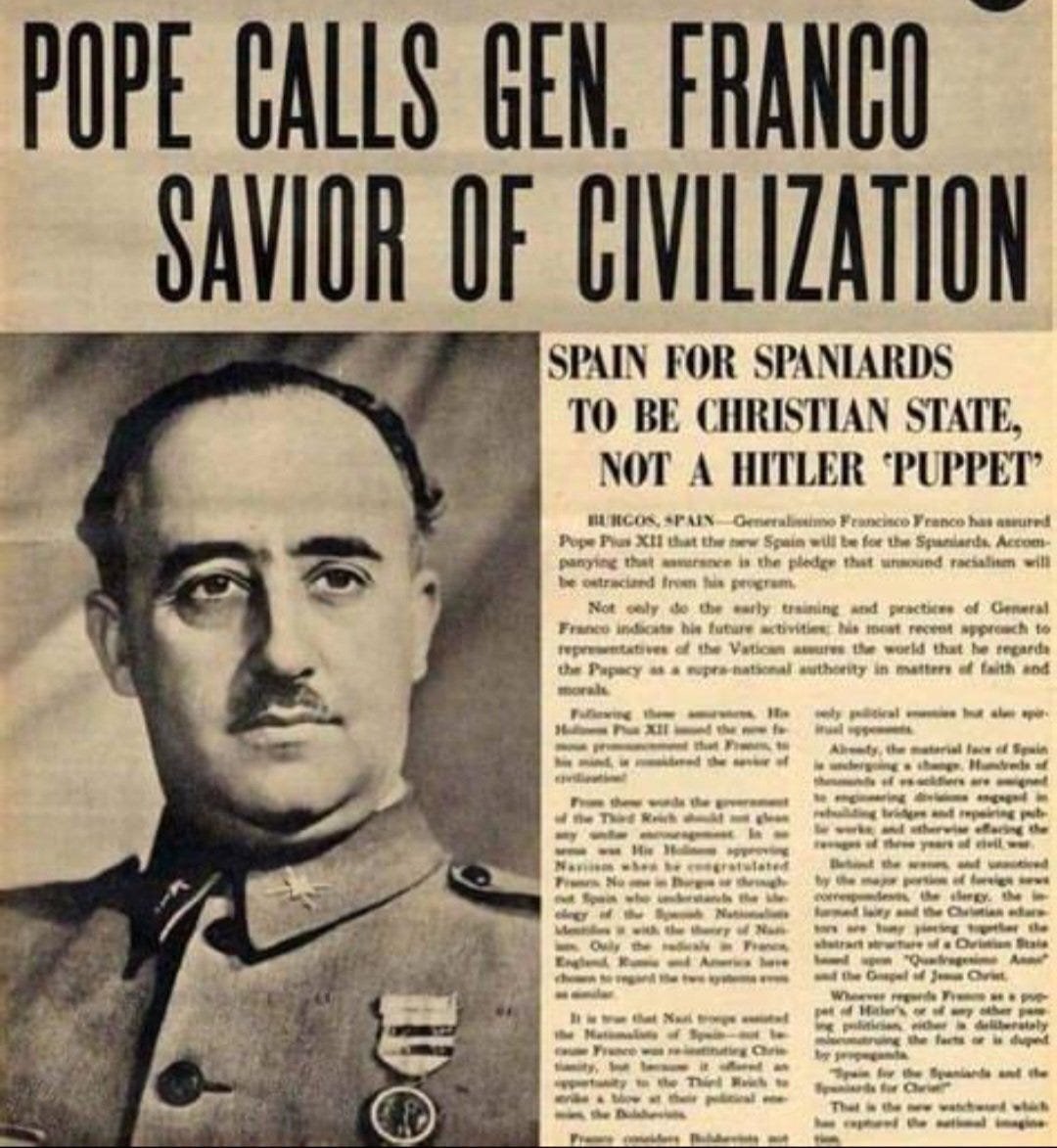 Will_Tanner_1's tweet photo. Aleksandr Solzhenitsyn: “I saw that Franco had made a heroic and colossal attempt to save his country from disintegration... and for twenty, thirty, thirty-five years, had kept Spain Christian against all history’s laws of decline!”

Pope Pius XII sided with Franco too: https://t.co/ebs9awwGyv