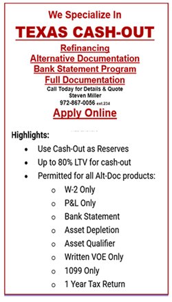 steve3535's tweet photo. Texas Cash-Out Refinancing - Primary Residence &amp; Investment Properties
Please call for Details &amp; Quote Texas Mortgage Company - Custom Loans to Your Needs - For Today's Rates - https://t.co/pHo7rLzykd – 972.867.0056 x234  #texasmortgage.com https://t.co/YkoZeNH6Np