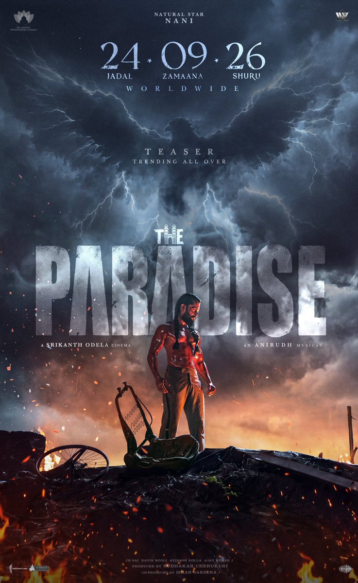 SLVCinemasOffl's tweet photo. Jadal's madness has erupted with a massive response 🔥🔥

#TheParadiseTeaser 💥💥

▶️ https://t.co/gvLEy64AHf

GRAND RELEASE WORLDWIDE ON 24.09.26.

Natural Star @NameisNani in an @odela_srikanth cinema ❤️‍🔥
An @anirudhofficial musical 🎼 

#JadalZamanaFromSep24
#TheParadise 
@themohanbabu @11Lohar @sudhakarcheruk5 @TheRaghav_Juyal @sonalikulkarni @sampoornesh @Dop_Sai @NavinNooli @artkolla @withAjayKumarJ @NareshYalla21 @SLVCinemasOffl @TheParadiseOffl @saregamasouth @saregamaglobal @ivyofficial2023 @PrathyangiraUS